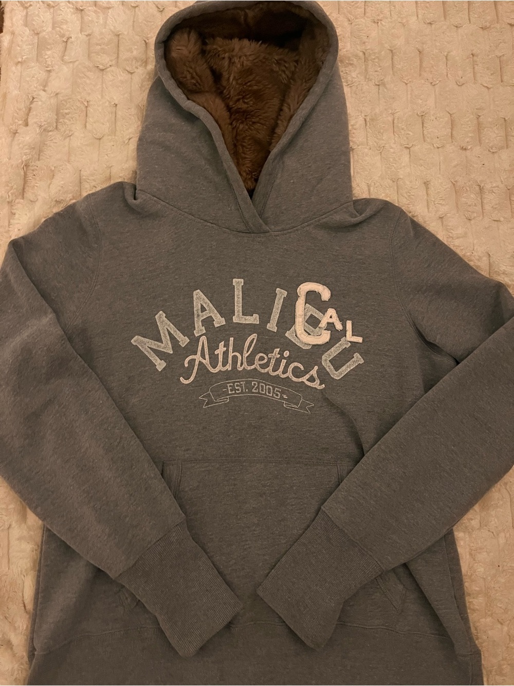 Women’s LX gray hoodie with blue letters and a fur hood
